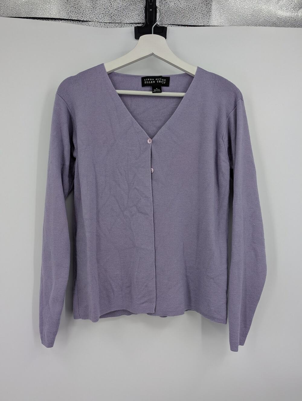 Linda Allard Ellen Tracy Wool Silk Purple Button Cardigan Made USA Career Office